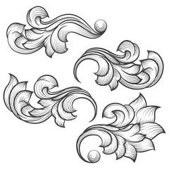 Canvas Print - baroque engraving leaf scroll. retro foliage ornament element vector illustration