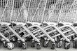 Many beautiful chrome shopping carts in the store