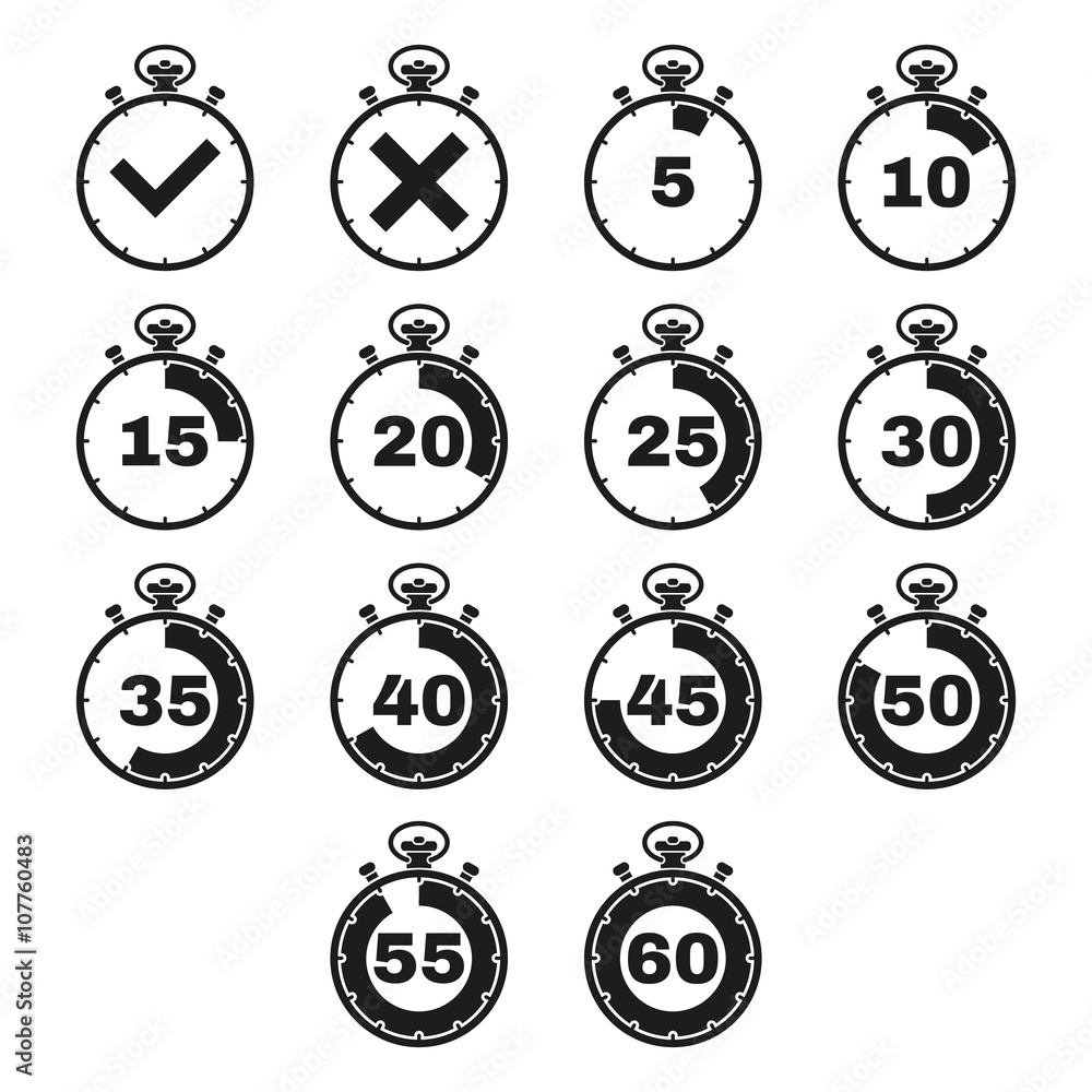 The stopwatch icon, set of 14 icons. Clock and watch, timer, countdown ...