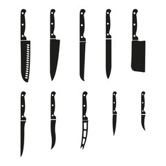 The knife icon, set of 10 icons. Knife and chef, kitchen symbol.UI. Web. Logo. Sign. Flat design. App.