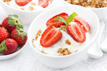 Whipped Cream With Fresh Strawberries And Granola, Close-up