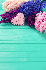 Fresh hyacinths  and  pink  decorative heart  on  wooden backgro