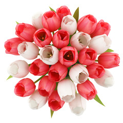 top view of tulips in jug isolated on white background. 3d illus