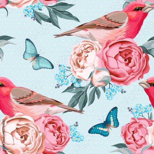 Cotton fabric Vögel und Blumen nahtlose