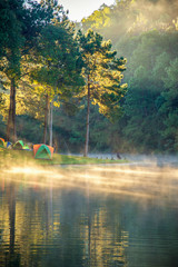 Wall Mural - morning in pang oung with the light and shadow and steam over th