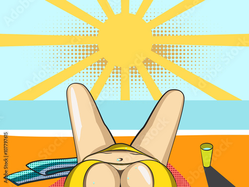 Naklejka - mata magnetyczna na lodówkę Girl laying on the beach. Pop-art illustration. Vector.