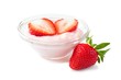 Clear bowl of strawberry flavored yogurt with fresh berries over a white background
