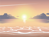Fototapeta Zachód słońca - Evening sea beach at sunset with waves, clouds and a plane flying in the sky, vector summer background, summer illustration, summer beach