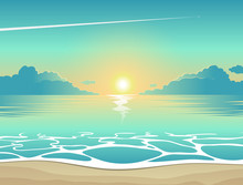 Summer Background, Vector Illustration Of The Evening Beach At Sunset With Waves, Clouds And A Plane Flying In The Sky, Seaside View Poster