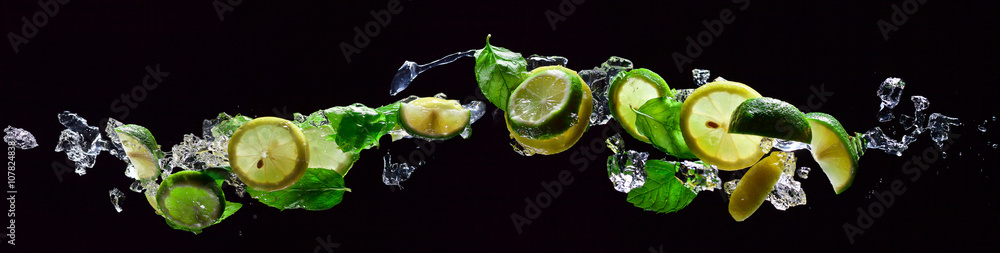 lime and lemon pieces with peppermint - obrazy, fototapety, plakaty 
