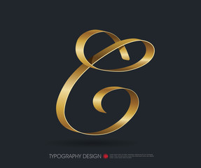 ribbon typography font logo type with Glossy gold decorative silk C letter