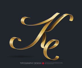 ribbon typography font logo type with Glossy gold decorative silk K letter