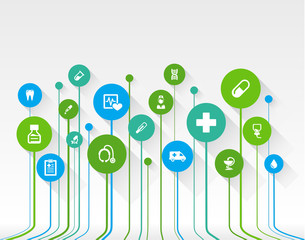 Abstract medicine background with lines, circles and flat icons. Growth concept contains medical, health, healthcare, nurse, tooth, thermometer, pills and cross icons. Vector illustration.