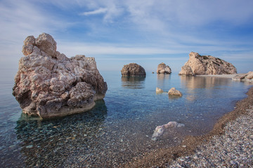 Seascape with Petra tou Romiou, also known as Aphrodite's Rock, is a sea stack in Pafos, Cyprus.