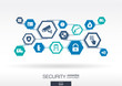 Security network. Hexagon abstract background with lines, polygons, and integrate flat icons. Connected symbols for guard, police, protection, monitoring, safety, control concepts. Vector illustration