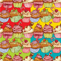 set of seamless patterns with decorated sweet cupcakes - backgro