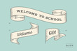 Set of old vintage ribbon banners and drawing in engraving style with inscription Welcome to school, Go and Welcome. Hand drawn design element. Vector Illustration