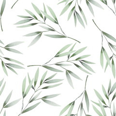 Seamless floral pattern with the watercolor green leaves on the branches, hand drawn on a white background