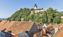 Cityscape With Schlossberg Or Castle Hill Mountain In Graz, Austria