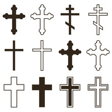 Big Set Of Christian Orthodoxy Crosses In Different Styles And Shapes Isolated On White Background. Cross As Symbol Of Easter, Faith, Death And Resurrection.