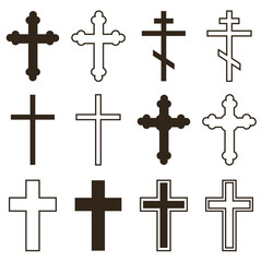 big set of christian orthodoxy crosses in different styles and shapes isolated on white background. 