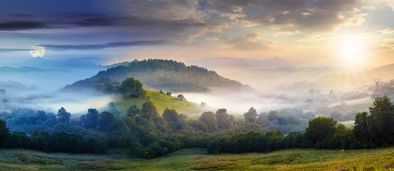 mysterious fog on hillside in rural area