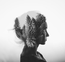 Creative Double Exposure With Portrait Of Young Girl And Flowers, Monochrome