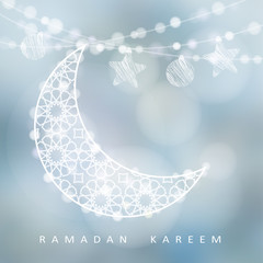 Wall Mural - String with ornamental moon, stars, balls and bokeh lights, vector illustration background, Ramadan card