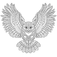 zentangle stylized cartoon eagle owl, isolated on white background. hand drawn sketch for adult anti