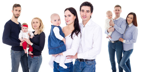 Wall Mural - three happy families with little kids isolated on white