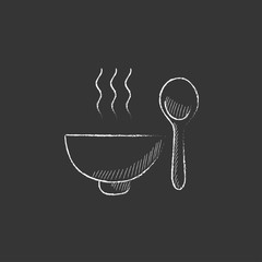 Sticker - Bowl of hot soup with spoon. Drawn in chalk icon.