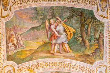 ROME, ITALY - MARCH 11, 2016: The Jacob Wrestles with an Angel by Antonio Viviani (1560–1620). Fresco from the vault of stairs in church Chiesa di San Lorenzo in Palatio ad Sancta Sanctorum.