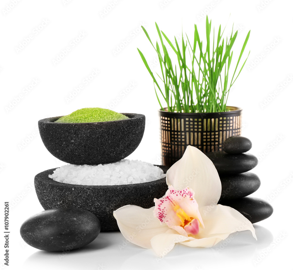 Spa treatment with sea salt isolated on white.