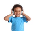 Little boy in blue shirt wearing headphones isolated on white background