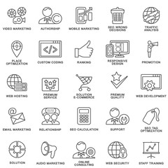 Modern SEO contour icons for web marketing optimization and customer service.