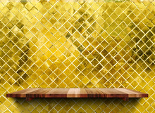 Empty Wooden Shelfs On Glossy Mosaic Gold Tile Wall, Mock Up Tem