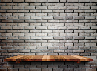 Sticker - Empty wooden shelfs on pastel grunge brick wall, Mock up templat