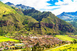 View of Pisac village and the Willkanuta River at the Sacred Valley of the Incas in Peru