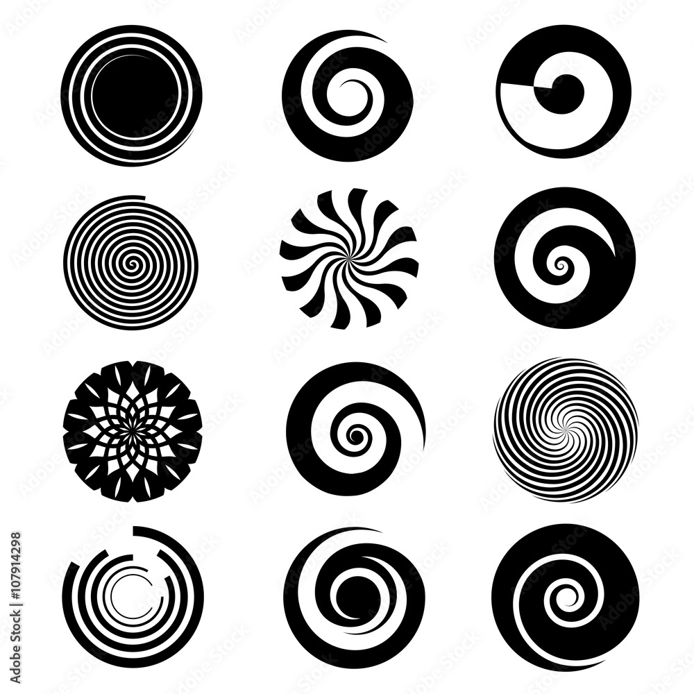Vector spiral elements. Spiral swirl icon circular, twirl spiral circle, twist curve spiral rotation illustration - obrazy, fototapety, plakaty 