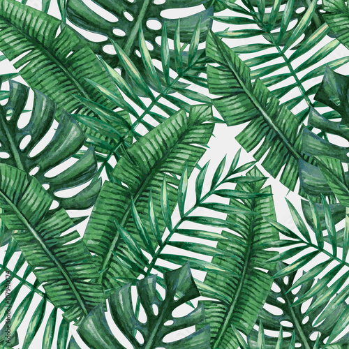 Naklejka na szybę Watercolor tropical palm leaves seamless pattern. Vector illustration.
