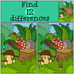 Wall Mural - Children games: Find differences. Little cute hedgehog stands on the stump and waters the mushrooms.