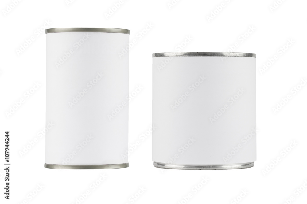 tin can with blank white label on white background - obrazy, fototapety, plakaty 