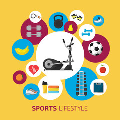 Wall Mural - Sports equipment background concept. Flat vector icon design. Fitness symbol. Lifestyle activity sign. Ball, dumbbells, kettlebells and other sports equipment.