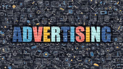 Wall Mural - advertising - multicolor concept on dark brick wall background with doodle icons around. modern illu
