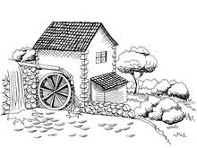 Water Mill Graphic Art Black White Landscape Illustration Vector