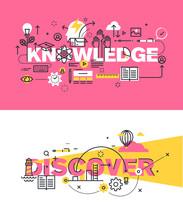 Set Of Modern Vector Illustration Concepts Of Words Knowledge And Discover. Thin Line Flat Design Banners For Website And Mobile Website, Easy To Use And Highly Customizable.