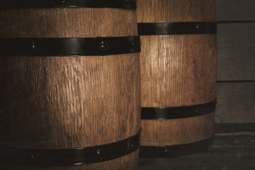 Poster - Two old wooden wine barrels, closeup