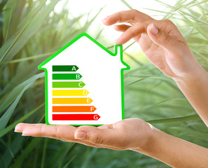 Sticker - Female hands holding house with energy efficiency scale image on natural background