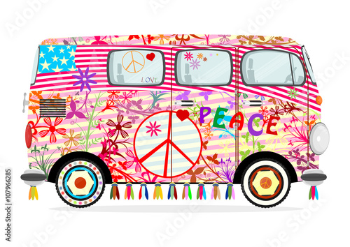 Fototapeta Funny cartoon hippie bus on a white background Flat vector