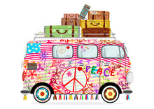 Funny Cartoon Hippie Bus On A White Background. Flat Vector